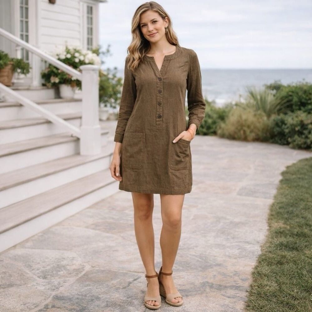 Boden Denim Mini Dress 8R Brown 100% Cotton Button Up Shift Tunic Natural WH443